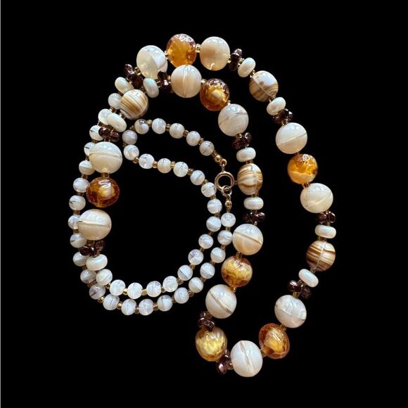 Vintage Molded Glass Long Necklace Brown Topaz Earthy Colors Beads Single Strand - Picture 4 of 5
